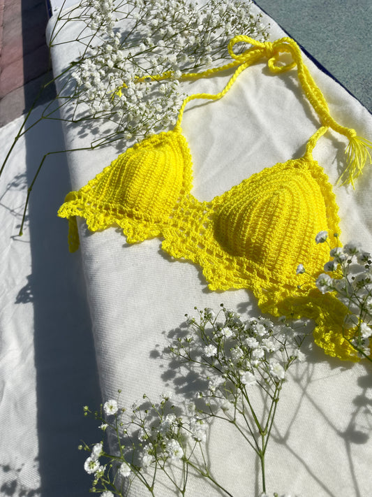 Yellow crochet triangle top